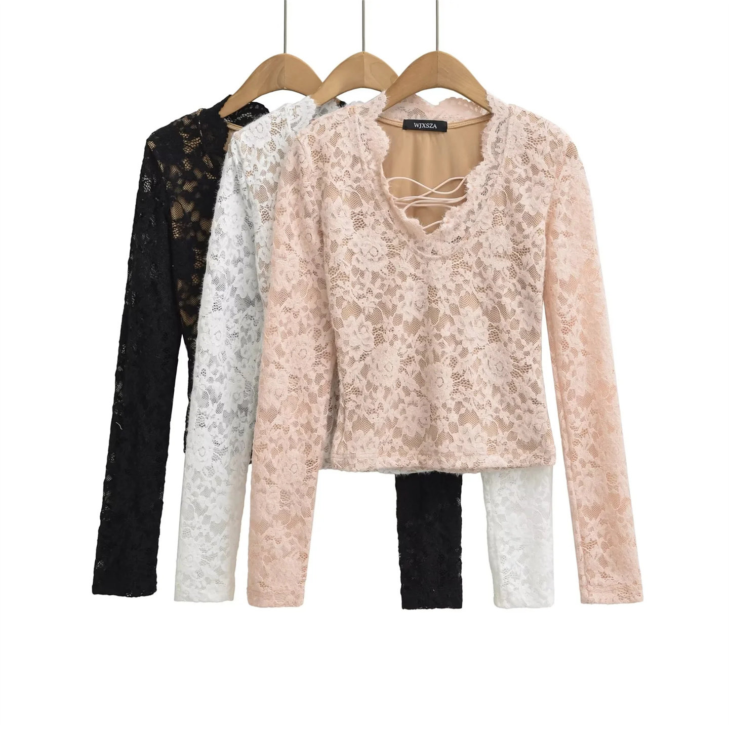 辣妹纯欲v领绑带镂空长袖t恤女短款春秋设计感蕾丝打底衫内搭上衣,女装/女士精品,蕾丝衫/雪纺衫,淘宝优惠券,粉丝福利购,淘宝优惠卷