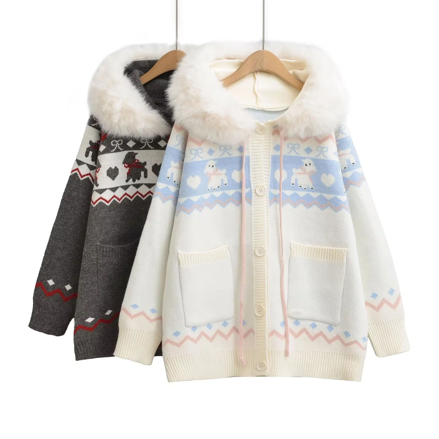 欧美风大毛领连帽针织衫女