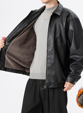 06AB大码男装加绒PU皮衣潮胖哥跨境欧美翻领加厚夹克外套一件代发