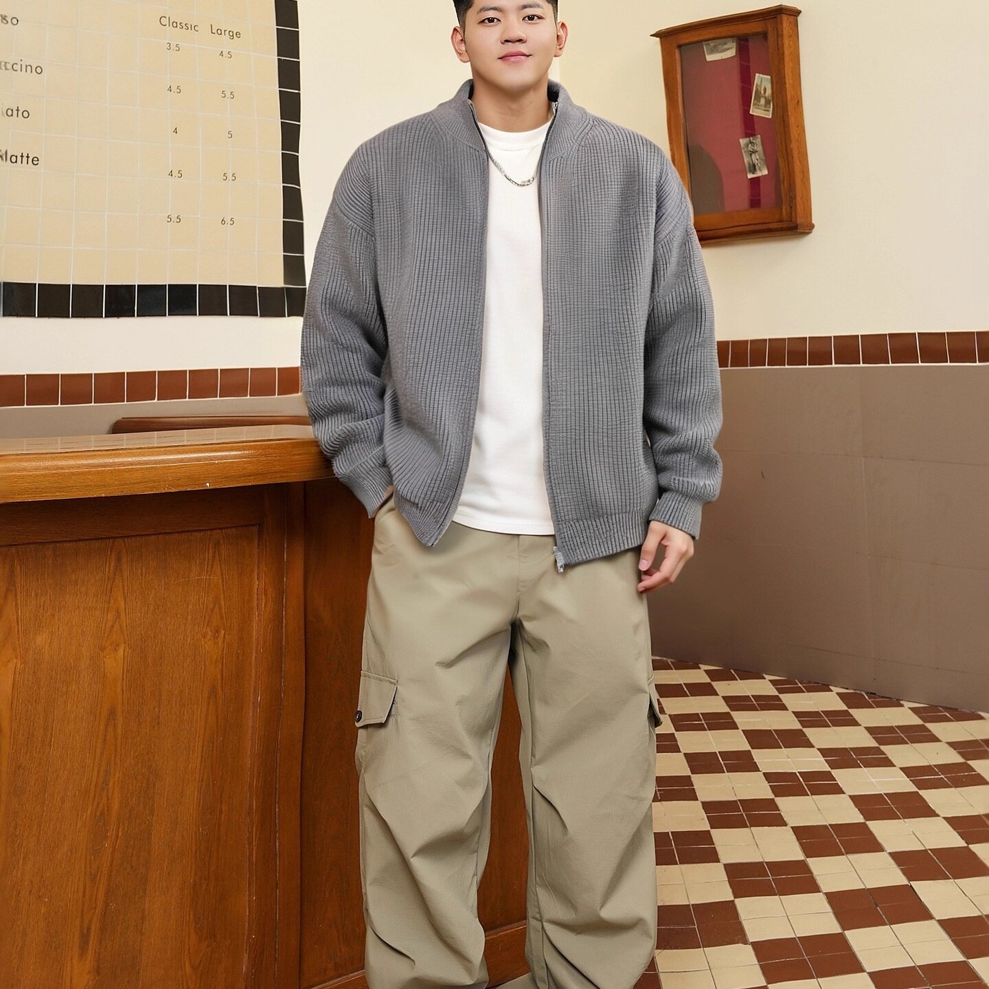 港风休闲开衫毛衣男宽松大码春秋季立领双拉链长袖外套纯色针织衫