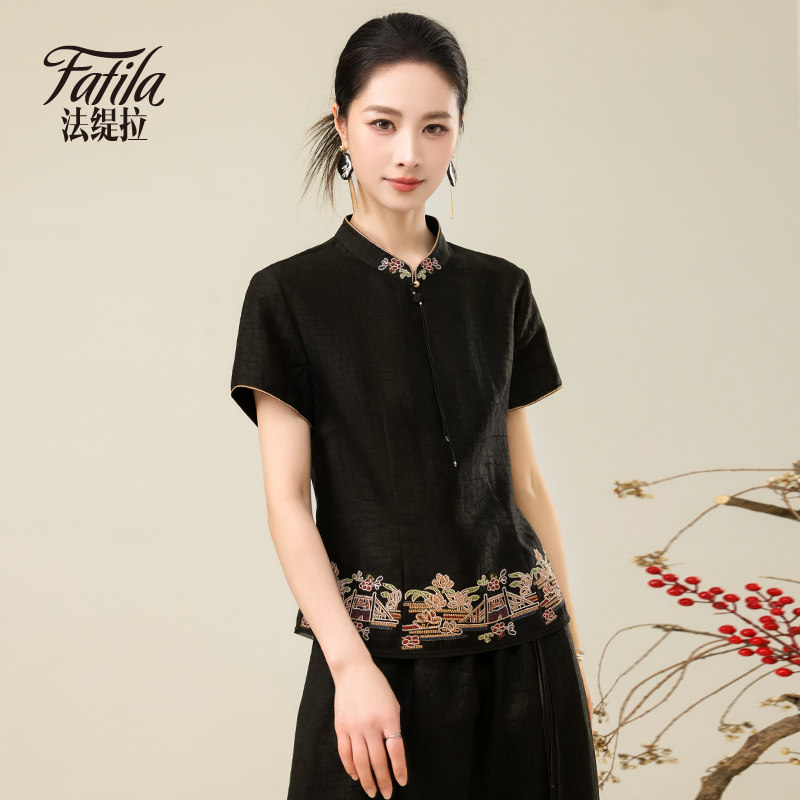 黑色龟纹香云纱真丝上衣女短袖夏