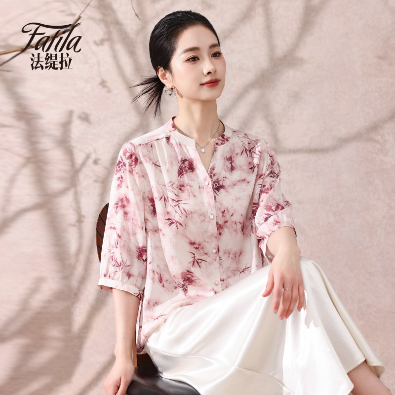 v领印花重磅真丝衬衫女中袖新款