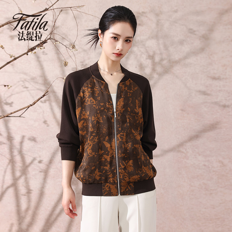 重磅真丝外套女短款春装新款薄款夹克衫印花桑蚕丝上衣时尚妈妈装