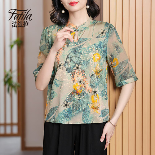 法缇拉直筒复古国风套头中袖真丝