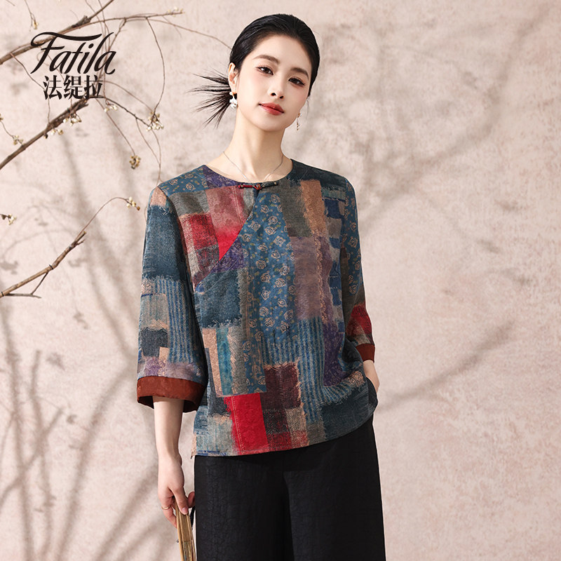 香云纱真丝衬衫女新款大码中老年妈妈装复古新中式印花桑蚕丝上衣 - 法缇拉旗舰店出品