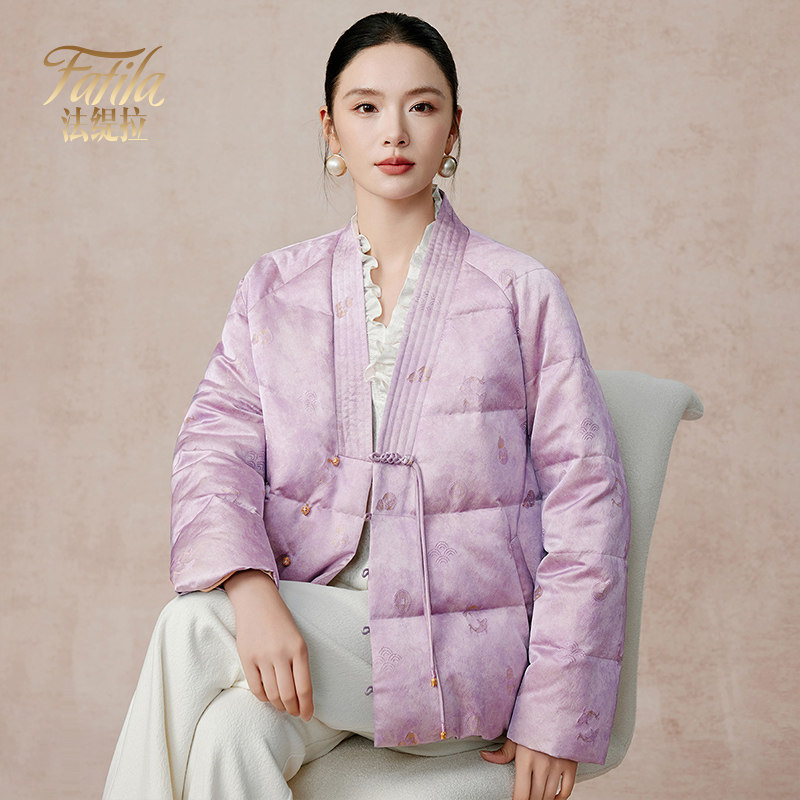 紫色复古新中式轻薄鹅绒服女短款