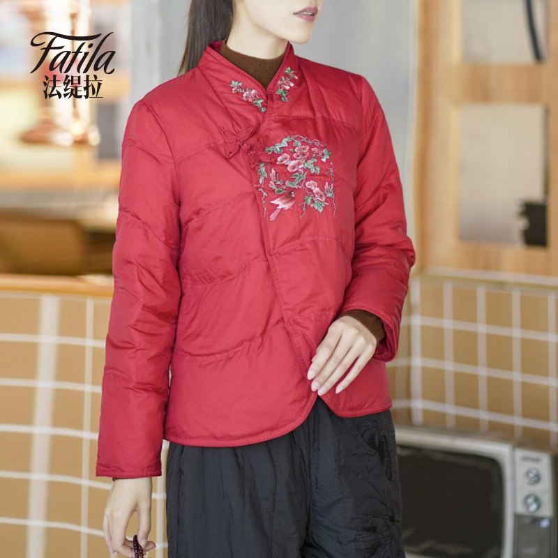 红色复古新中式立领轻薄羽绒服女