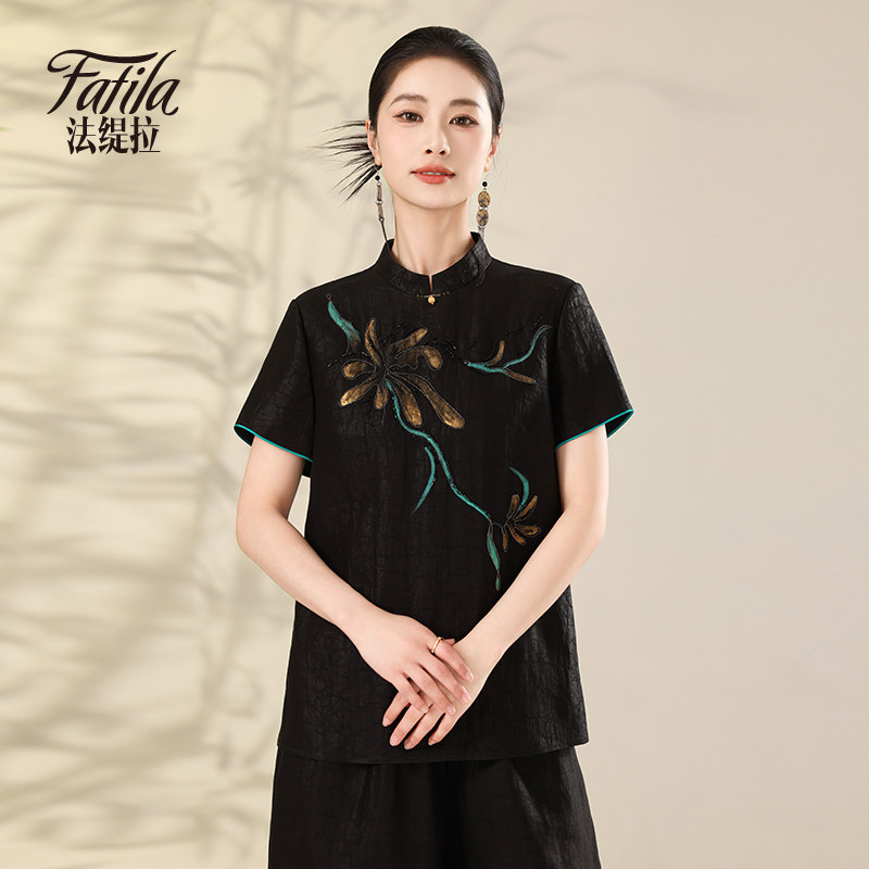 龟纹香云纱真丝衬衫女短袖夏新款