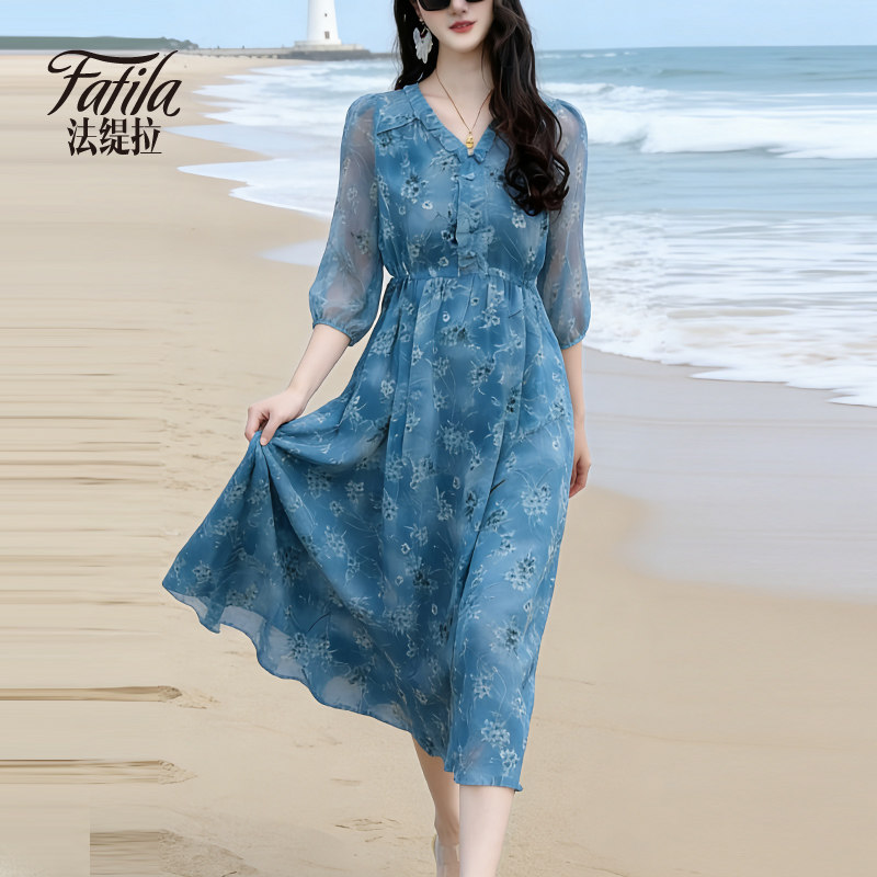 v领碎花真丝连衣裙夏新款高腰