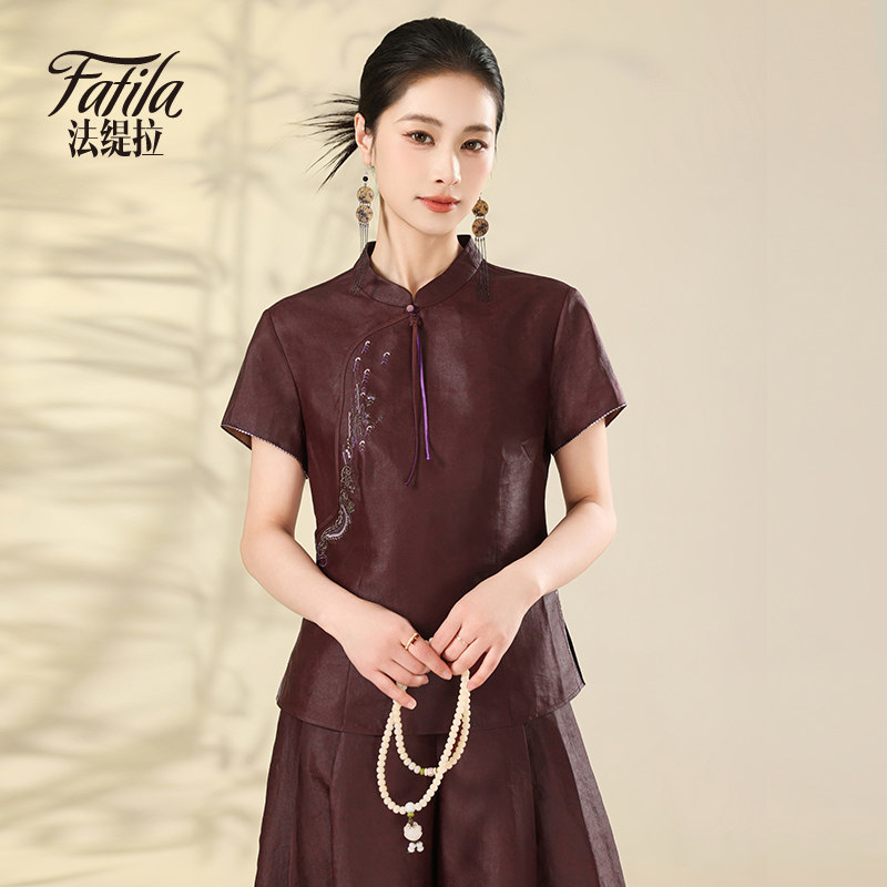 红云香云纱真丝衬衫女短袖夏新款