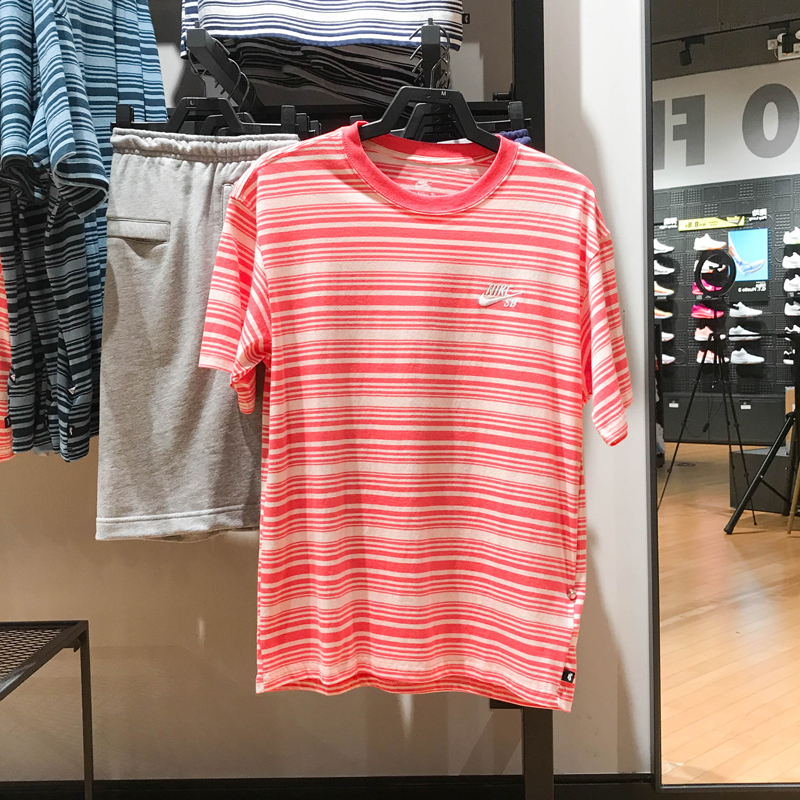 NIKE耐克男装2024秋新款时尚条纹休闲百搭滑板短袖T恤 FQ3712-838