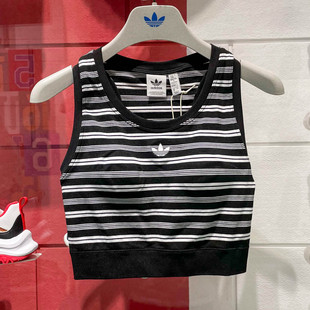 运动背心T恤 女带胸垫条纹修身 KE3721 新款 阿迪达斯三叶草2025夏季