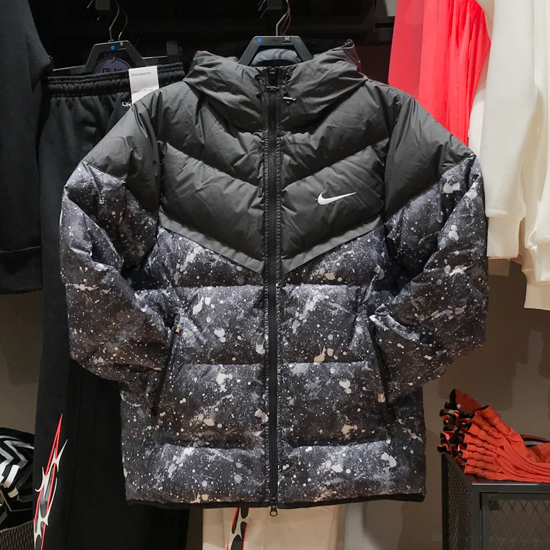 耐克男子2024冬新款防风拒水印花时尚休闲连帽羽绒夹克HQ4184-010