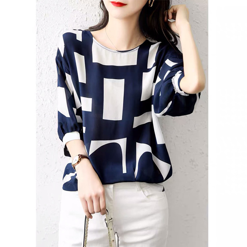 2021夏季新款减龄遮肚子洋气小衫半袖印花衬衫雪纺衫女短袖上衣夏