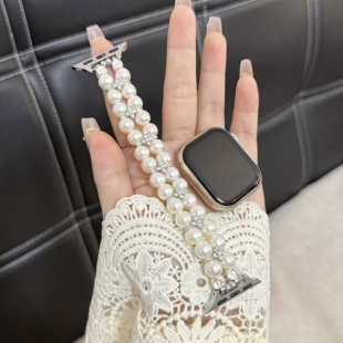 适用苹果s10轻奢appleiWatch7/8/9女生双排珍珠清爽创意新款表带