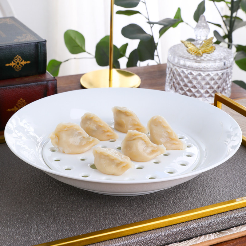 家用饺子盘骨瓷水果盘沥水盘子控水控油带网眼大盘水饺托盘蒸盘