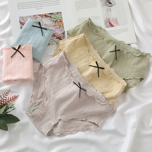 头 竖条纹简约裤 纯色中腰棉质女士内裤 爱心透气孔暗纹木耳边三角裤