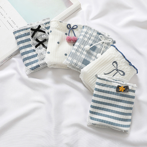 日系可爱少女中腰内裤条纹蝴蝶结包臀蓝色木耳边螺纹纯棉三角短裤