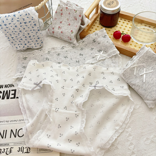 灰色森系樱桃碎花蝴蝶结少女内裤