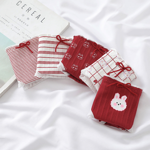 酒红色草莓萌兔可爱低腰少女内裤螺纹木耳边纯棉条纹女士三角裤头