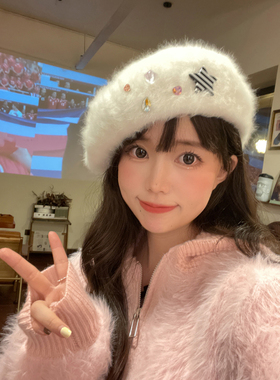 贝雷帽出游甜美可爱女冬毛绒保暖