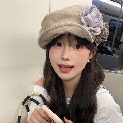 双笙欧尼褶皱贝雷帽女花朵复古帽