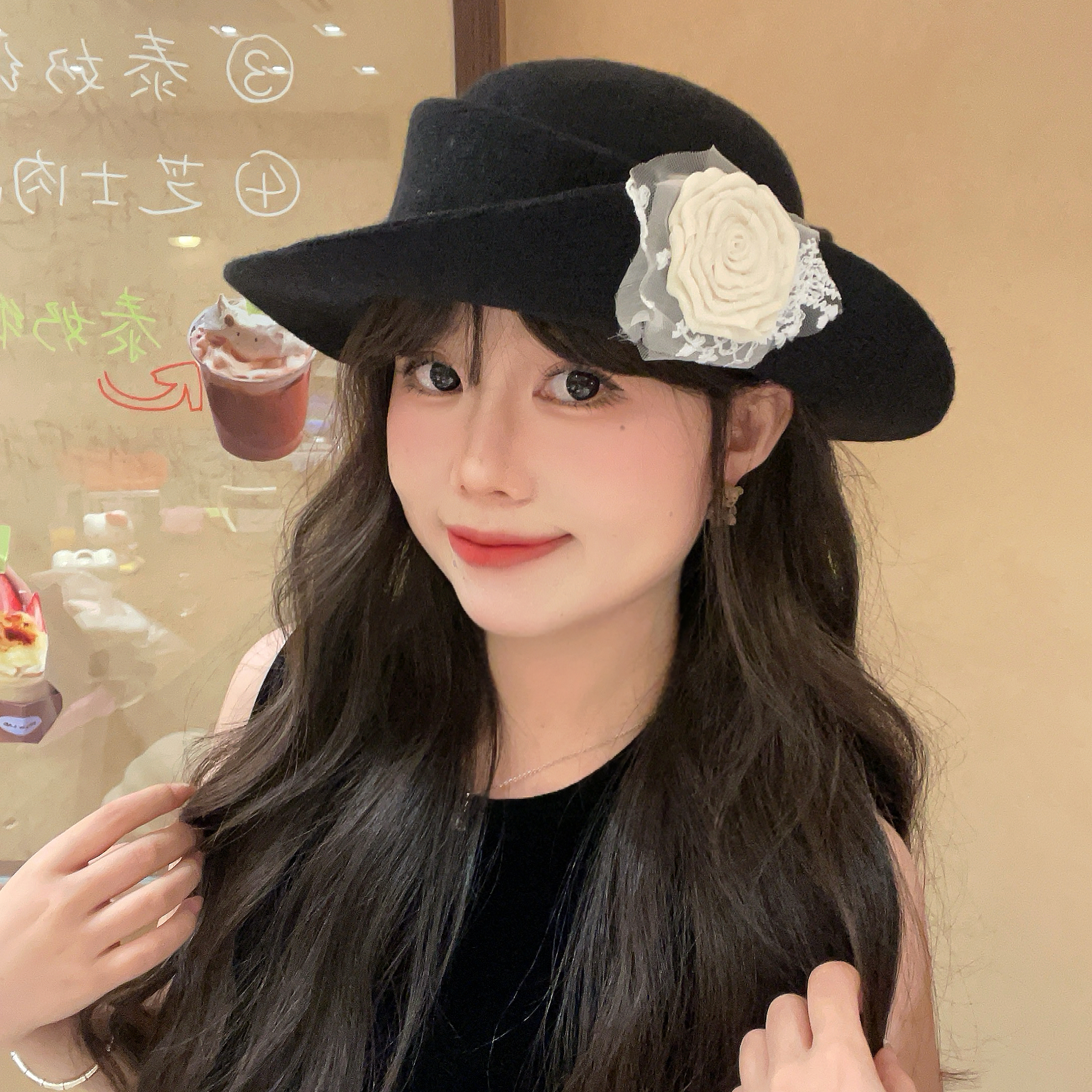 留洋千金黑色系礼帽羊毛高级感冬