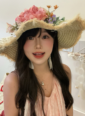 遮阳大檐草帽立体花朵编织度假女