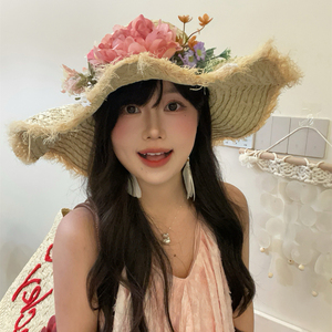 2026新款拉菲草帽女夏季法式立体花朵编织度假海边大檐遮阳防晒帽