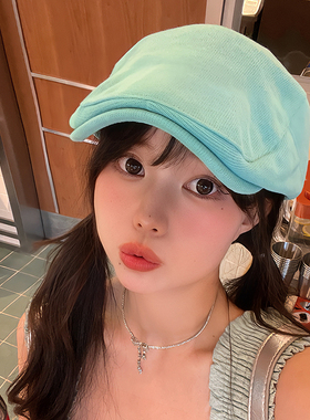 多巴胺穿搭白昼小熊同款帽子蓝绿色薄款前进帽反戴贝雷帽显白亮色