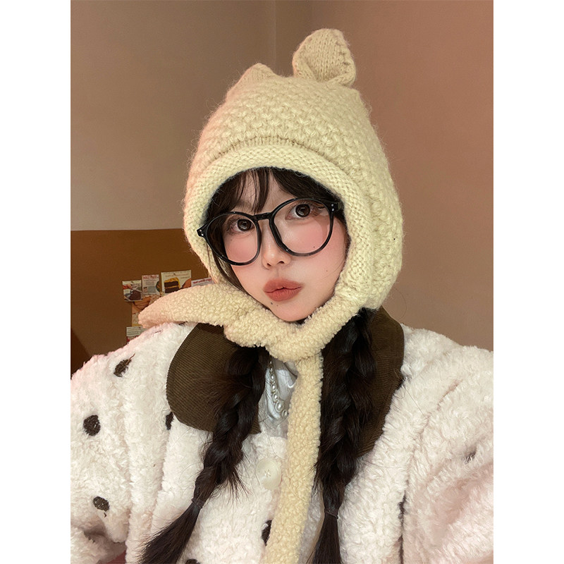 帽子女秋冬可爱套头护耳毛线帽子女冬季保暖百搭兔子毛绒护耳帽潮