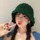 韩国ins休闲软妹渔夫帽子女秋冬天百搭纯色花边针织毛线帽盆帽潮