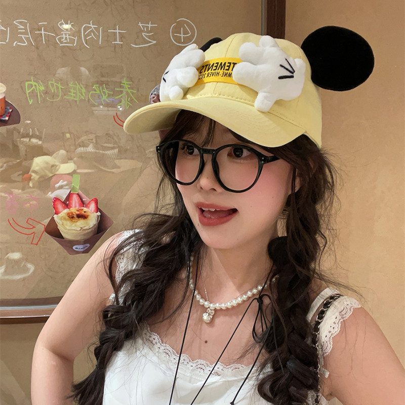 可爱米奇手帽子女2025新款奶油黄卡通大头围显脸小遮阳拍照鸭舌帽