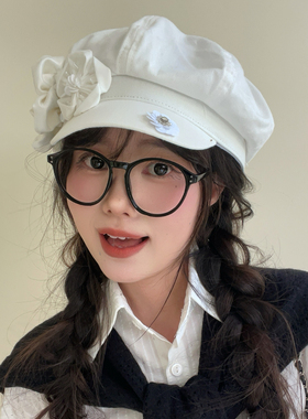 钉珠花朵八角帽白色重工画家帽女