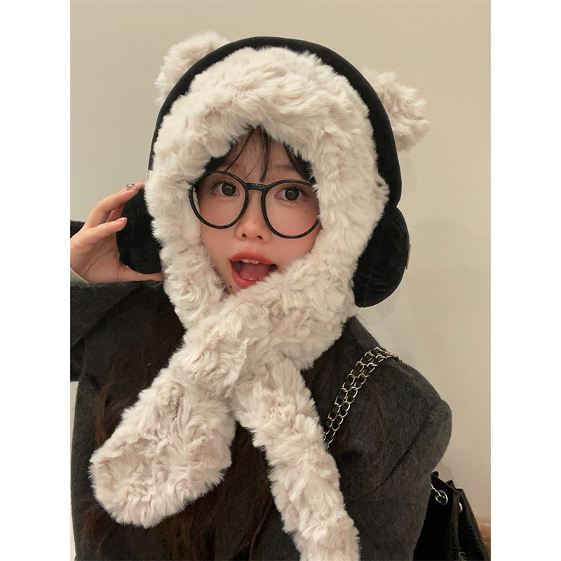 冬季保暖加绒加厚可爱耳机小熊帽子围巾一体毛绒护耳雷锋帽套头帽