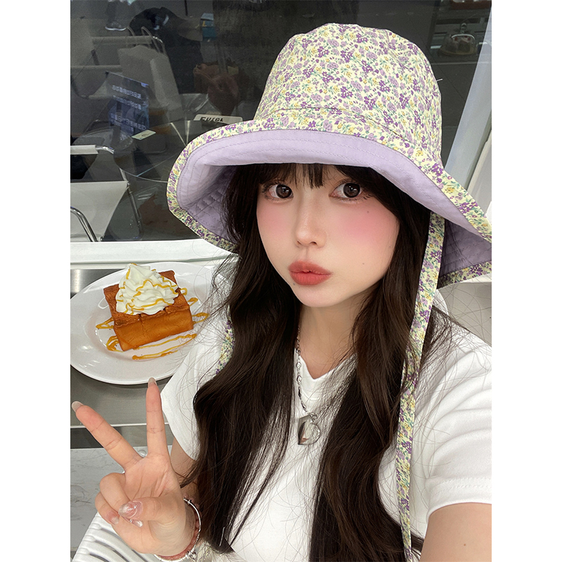 渔夫帽出游甜美女夏碎花双面盆帽
