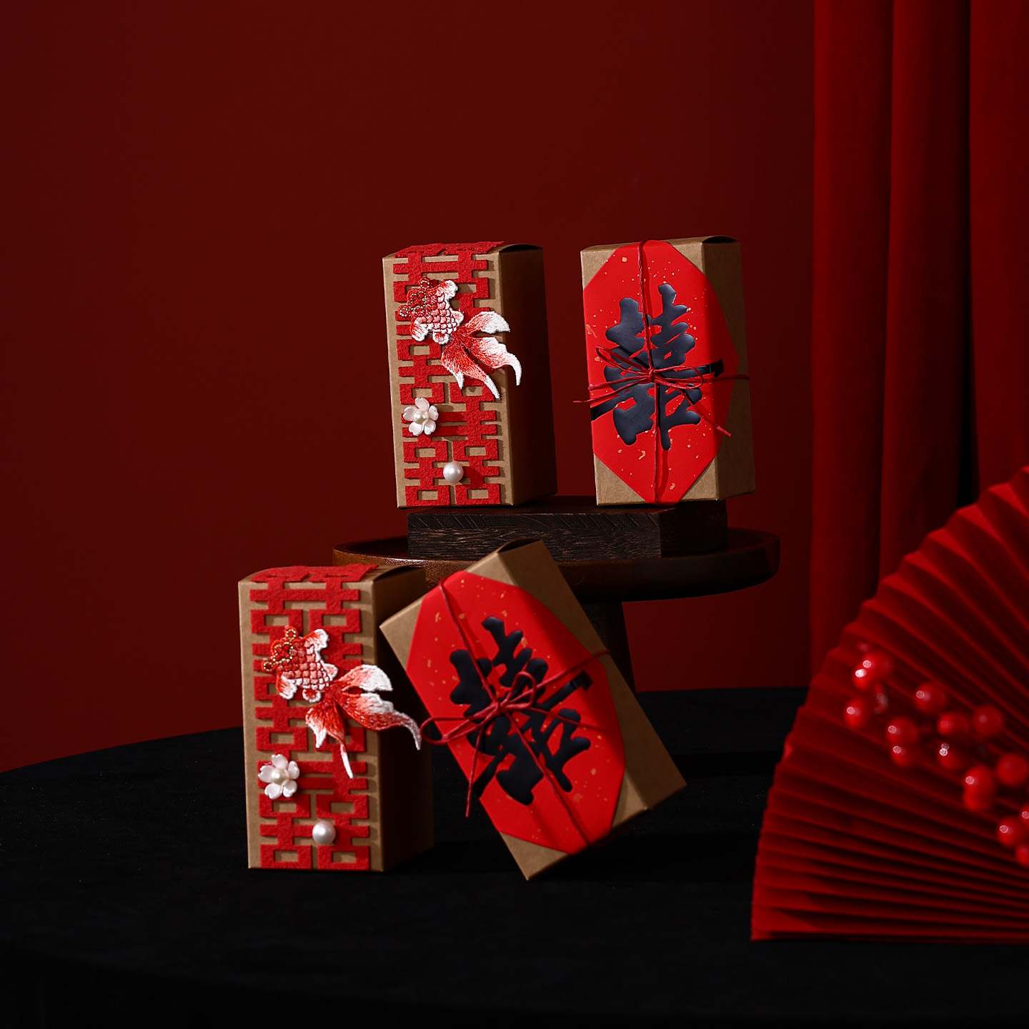 中式复古2025新款糖盒喜字包袱布风格结婚喜糖盒婚礼用品红色高档