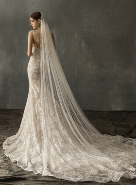 白色长款新娘头纱 超仙花朵3米教堂拖尾婚礼软纱主婚纱头饰品