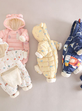 棉衣婴儿连体衣服宝宝夹棉秋冬季加绒加厚新生儿保暖外出棉服冬装