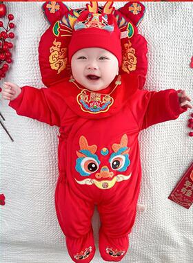 新生婴儿衣服秋冬季装连体衣宝宝红色新款拜年0一3月喜庆过年冬装