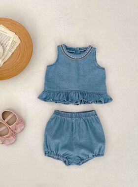 2025夏季婴儿柔软牛仔套装宝宝春款甜美无袖两件套洋气外出服