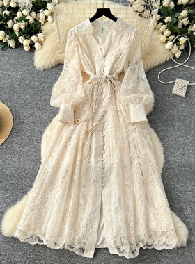 法式高端女装连衣裙2025春季收腰重工刺绣V领灯笼袖单排扣长裙子