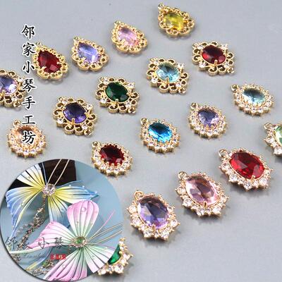 手工diy铜保色微镶锆石镂空椭圆双吊饰稀土玻璃配饰发饰缠花材料