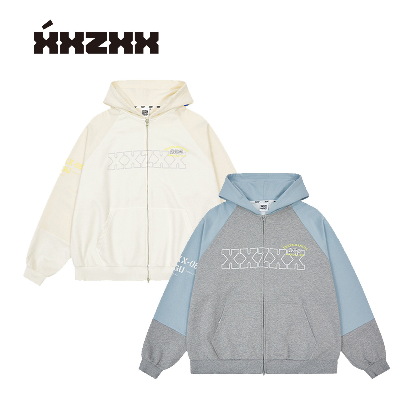 XXZXX品牌六折潮牌儿童青少年亲子春夏做旧款撞色插肩袖连帽卫衣