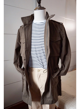 韩国复古军绿色水洗棉M65立领拉链抽绳口袋中长款风衣外套男潮流