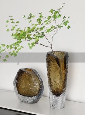 轻奢灰色冰种玻璃花瓶手工花器客厅茶几摆件别墅会所样板间装饰品