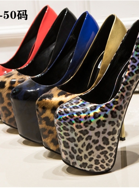 秋季新款高跟鞋19cm女细跟性感豹纹大码44-45码漆皮反串另类情趣