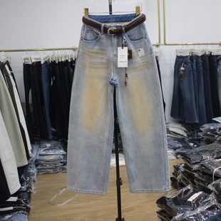 女保暖长裤 艾拿V3563复古做旧色加厚绒宽松直筒牛仔裤 2025年冬季