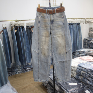 艾拿55125做旧浅色泼漆宽松牛仔弯刀裤2026年春季新款女装阔腿裤
