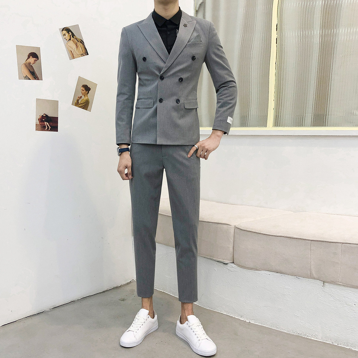 MENS BRITISH SMALL SUIT TREND SLIM KOREAN CASUAL DOUBLE-BREASTED SUIT SUIT MENS BUSINESS TWO-PIECE SUIT